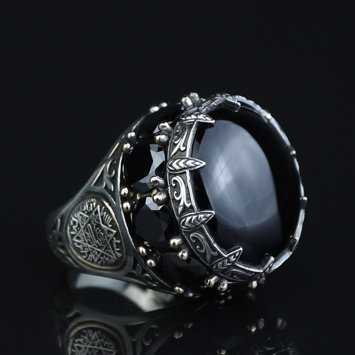 Large Onyx Ring, Solomon Men Silver Natural Large Black Onyx Ring , Men BİG Ring, Ottoman Jewelry Ring