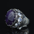 Men Silver Round Amethyst Ring, Large Moissanite And Amethyst Ring,Solomon Signet Turkish Artisan Amethyst Ring
