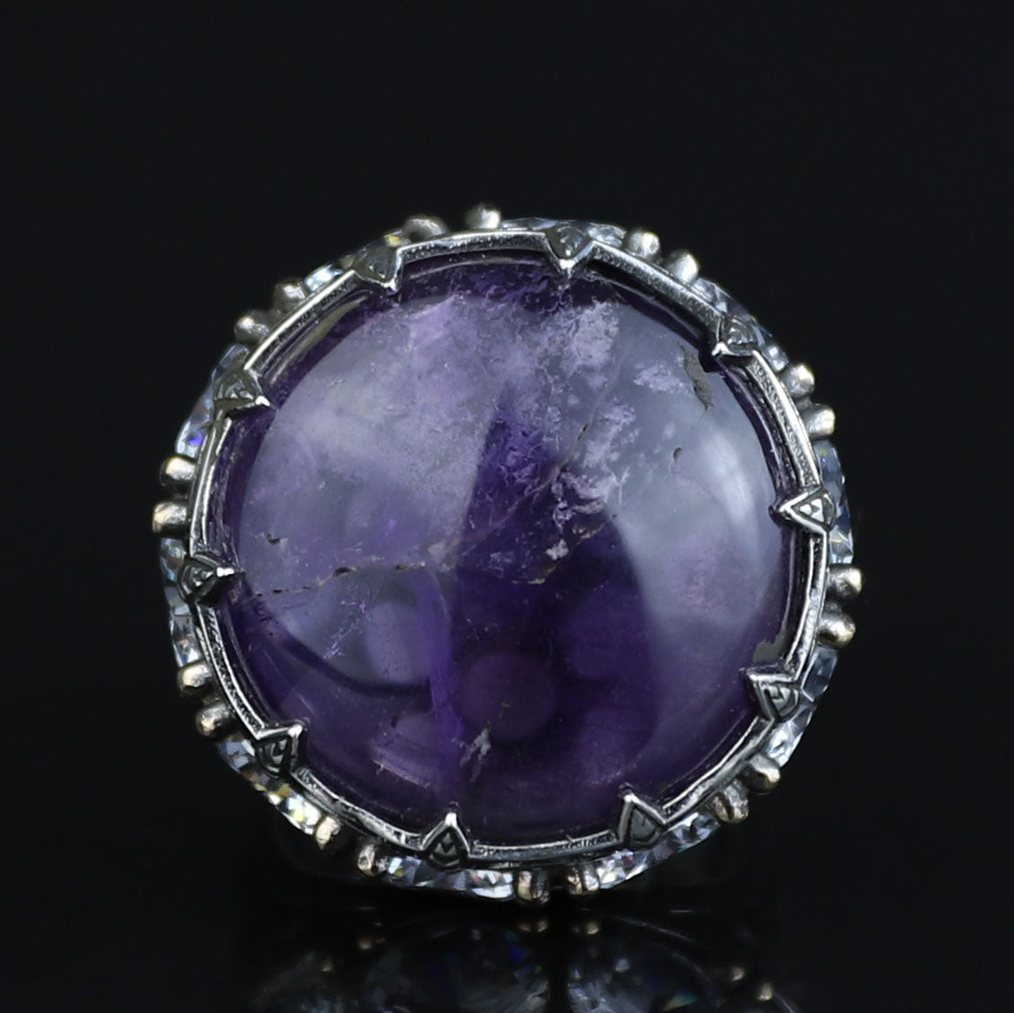 Men Silver Round Amethyst Ring, Large Moissanite And Amethyst Ring,Solomon Signet Turkish Artisan Amethyst Ring