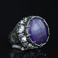 Men Silver Round Amethyst Ring, Large Moissanite And Amethyst Ring,Solomon Signet Turkish Artisan Amethyst Ring