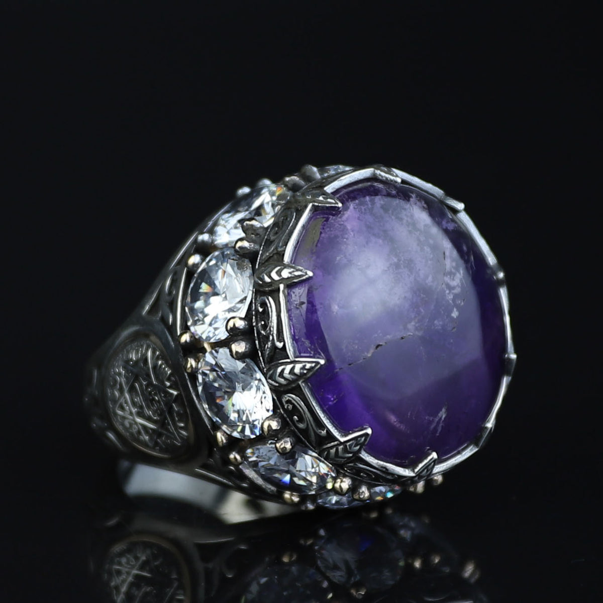 Men Silver Round Amethyst Ring, Large Moissanite And Amethyst Ring,Solomon Signet Turkish Artisan Amethyst Ring
