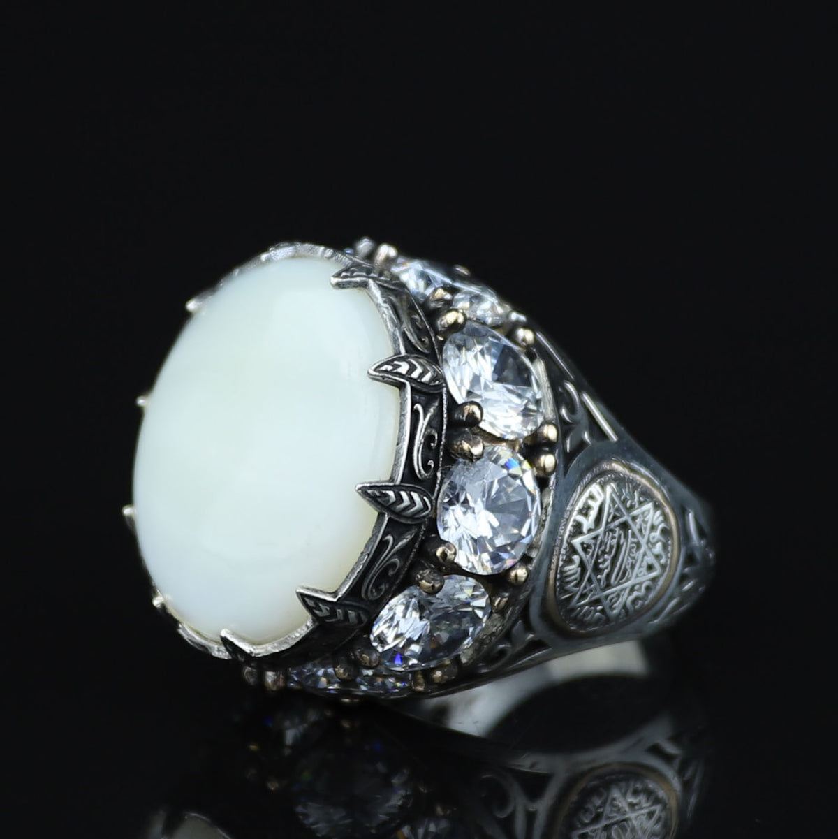 925 Silver Large Round Solomon Signet Ring, Natural Mother Of Pearl Gemstone Handmade Ring