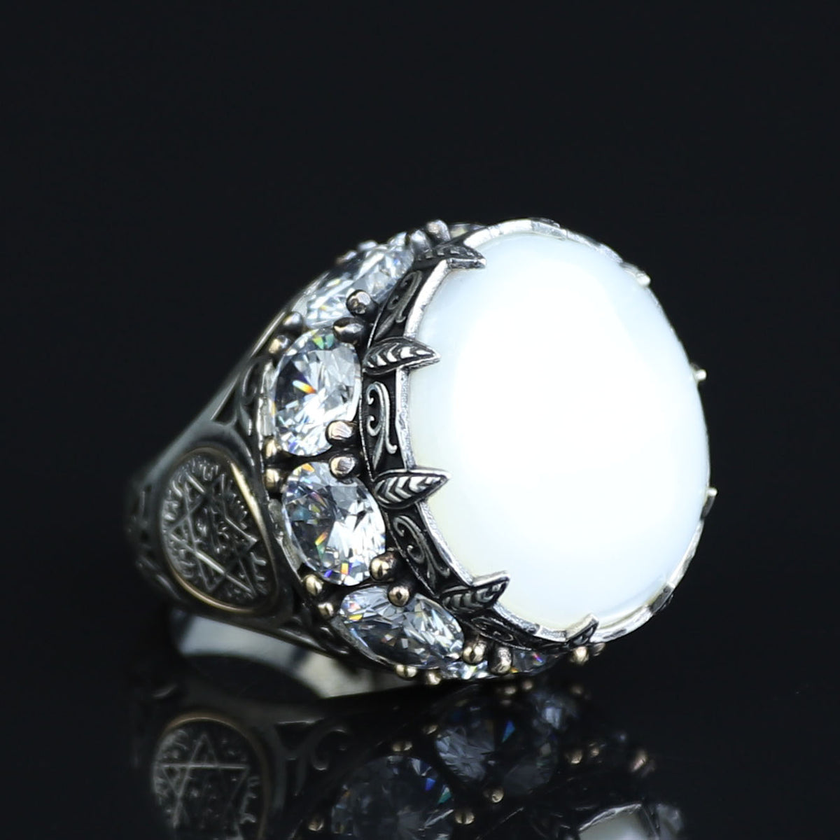 925 Silver Large Round Solomon Signet Ring, Natural Mother Of Pearl Gemstone Handmade Ring