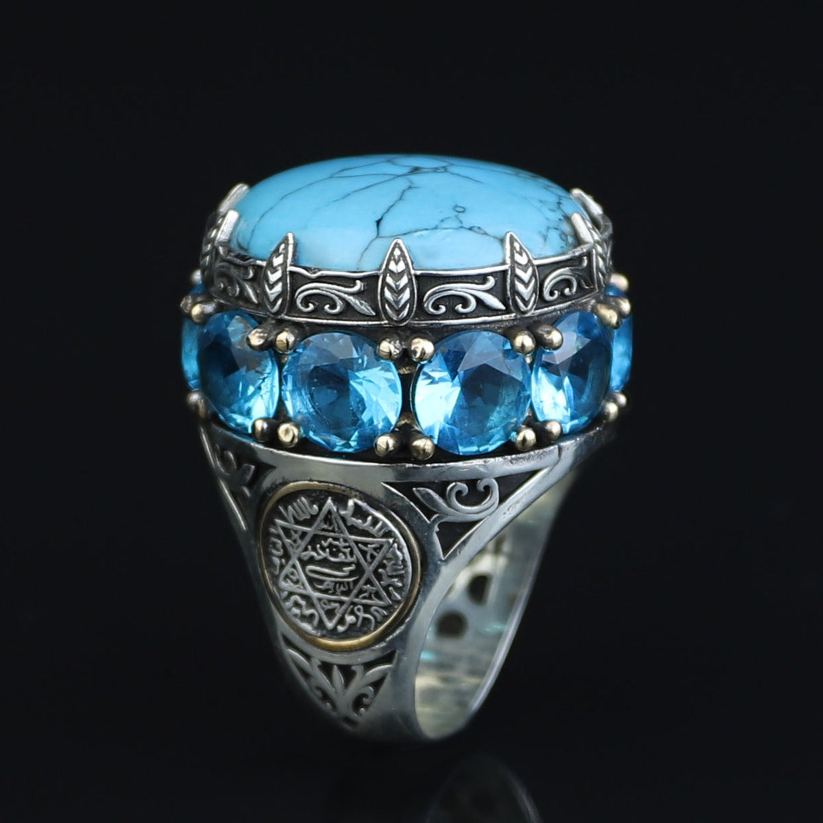 Silver Large Natural Turquoise Solomon Ring, Mens Solomon Signet Ring, Round Engraved Ring
