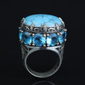 Silver Large Natural Turquoise Solomon Ring, Mens Solomon Signet Ring, Round Engraved Ring