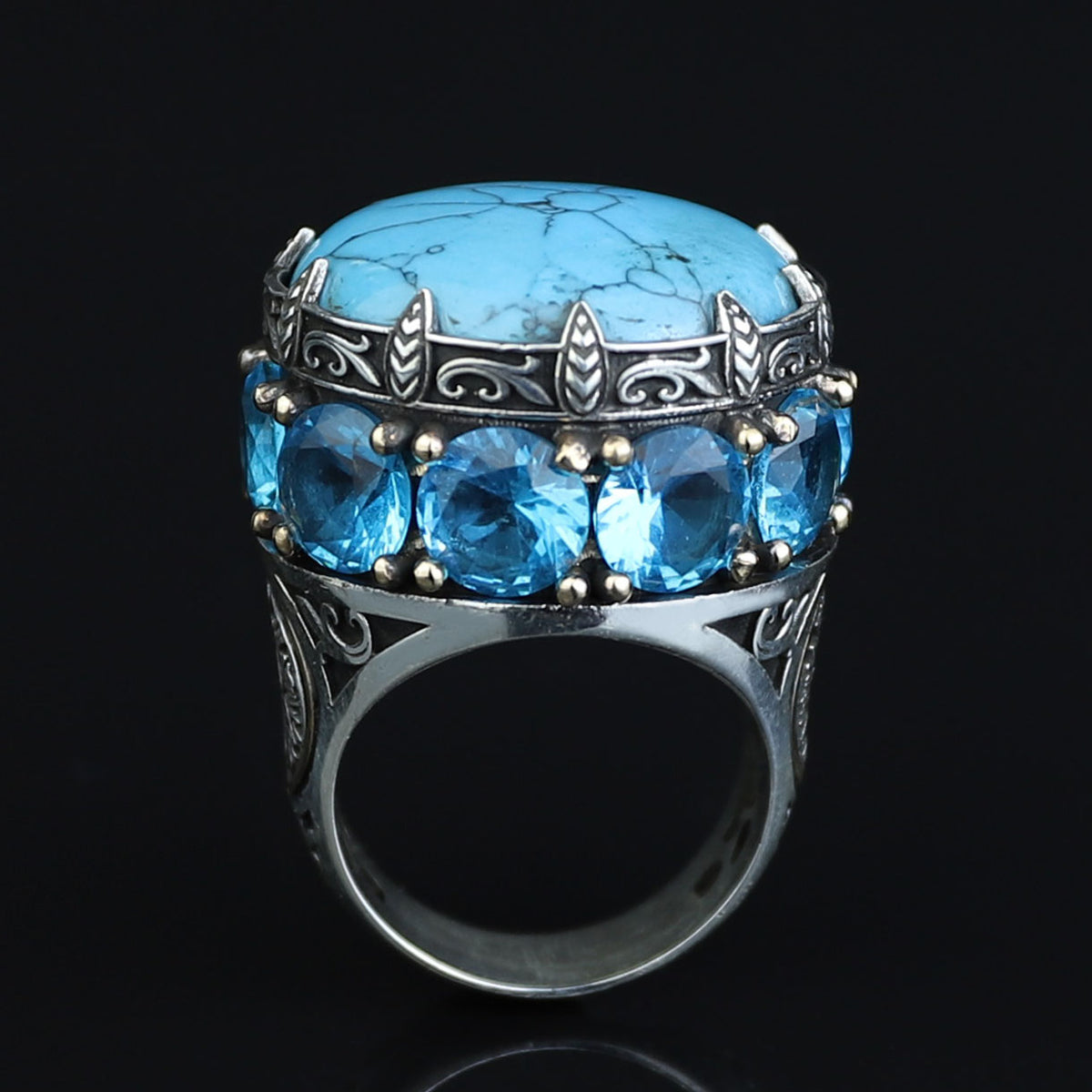 Silver Large Natural Turquoise Solomon Ring, Mens Solomon Signet Ring, Round Engraved Ring