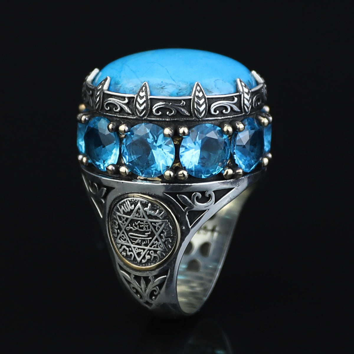 Silver Large Natural Turquoise Solomon Ring, Ottoman Style Mens Solomon Signet Ring, Round Engraved Ring