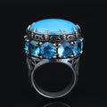 Silver Large Natural Turquoise Solomon Ring, Ottoman Style Mens Solomon Signet Ring, Round Engraved Ring