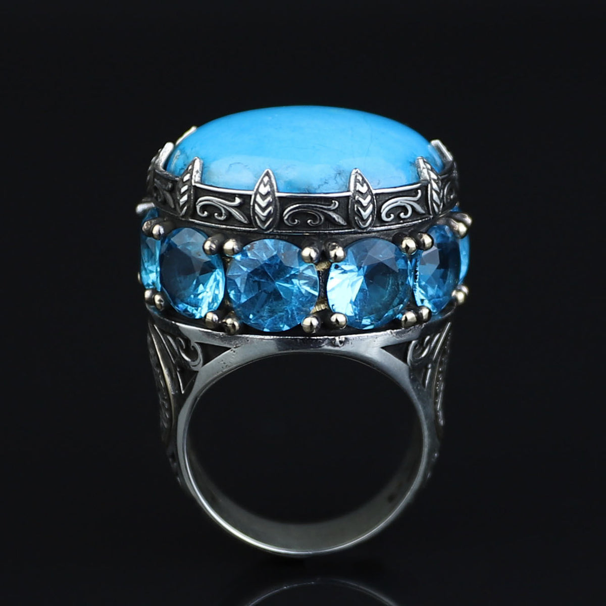 Silver Large Natural Turquoise Solomon Ring, Ottoman Style Mens Solomon Signet Ring, Round Engraved Ring