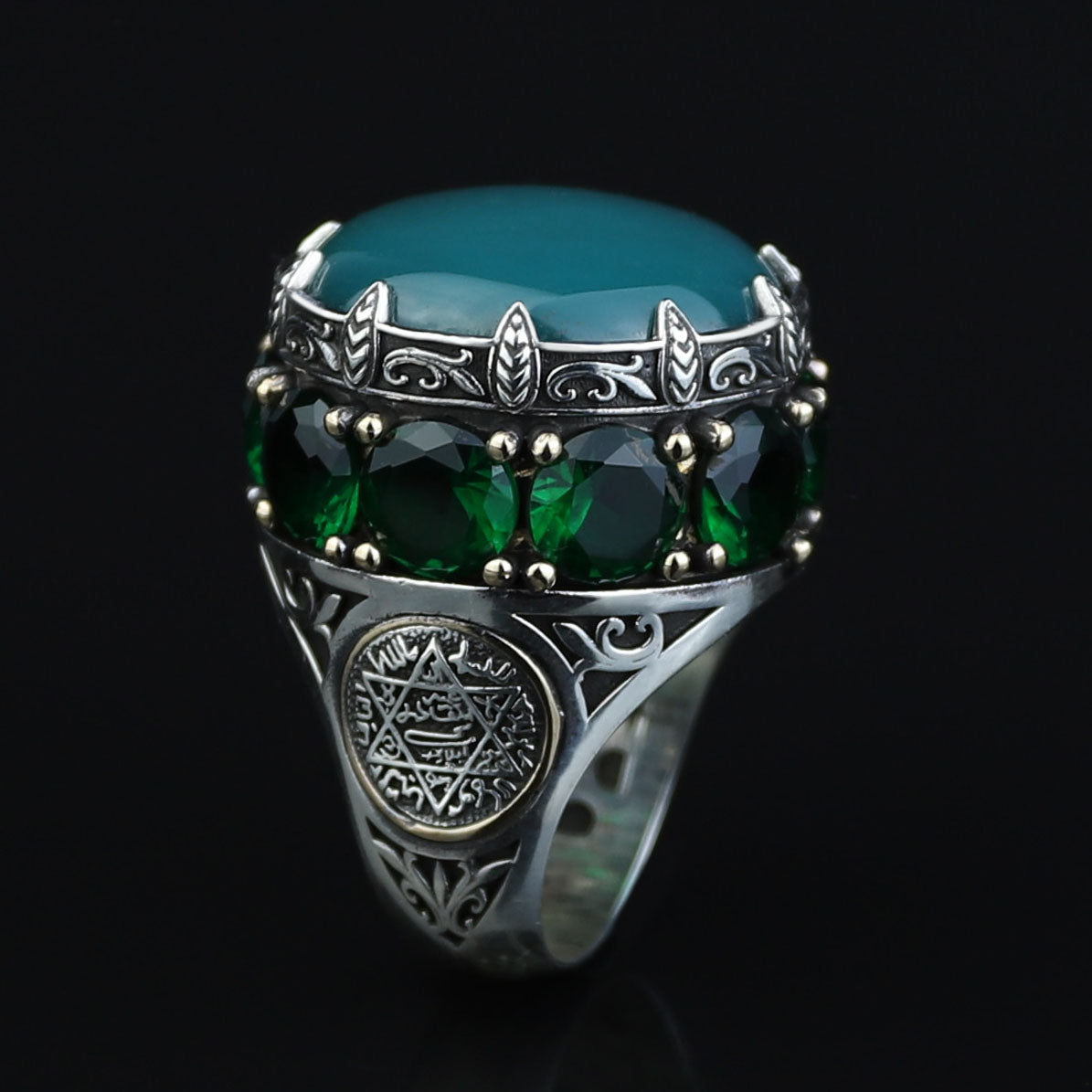 Mens Handmade Ring, Green Agate Ring, Solomon Signet Large Turkish Handmade Silver Men Ring