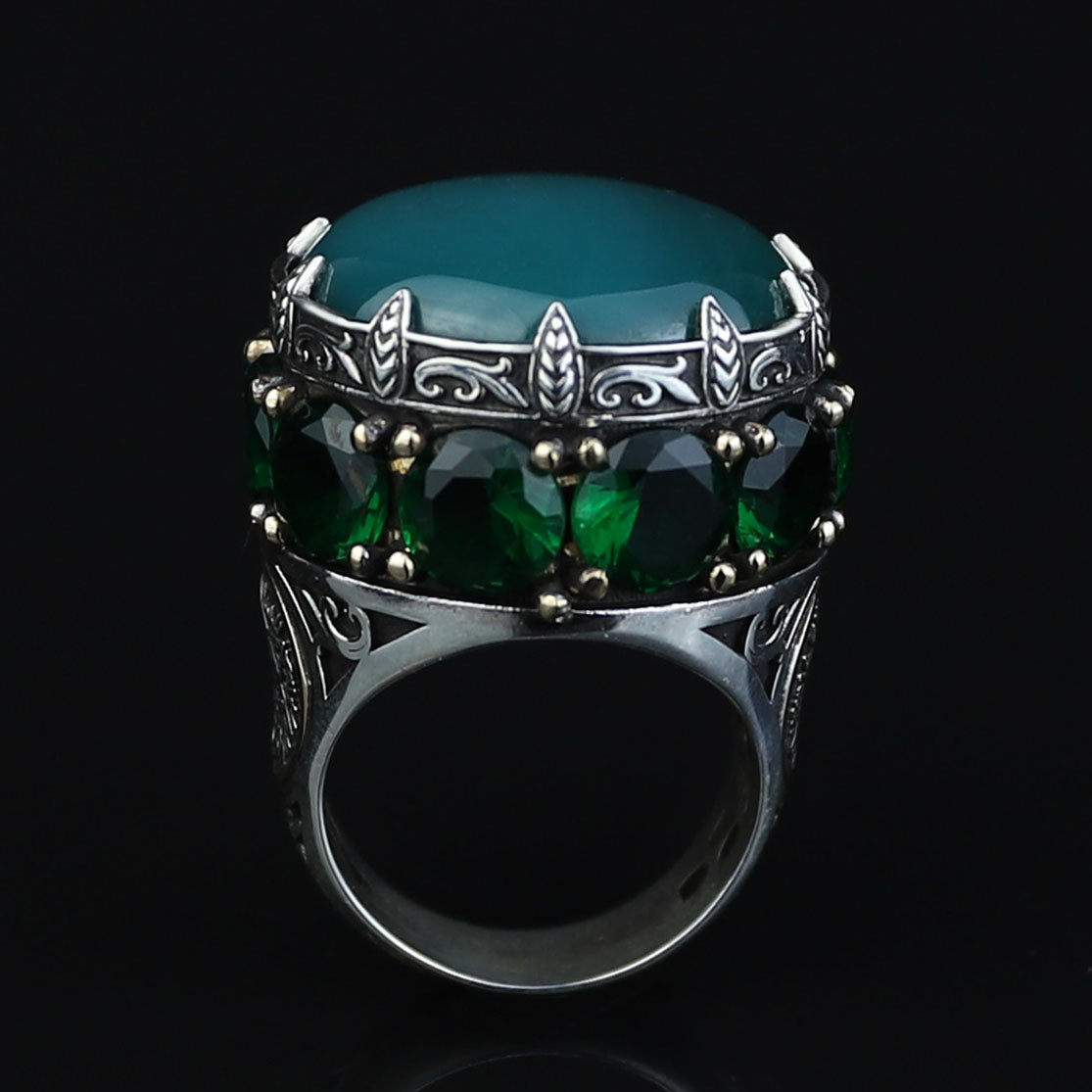 Mens Handmade Ring, Green Agate Ring, Solomon Signet Large Turkish Handmade Silver Men Ring