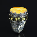 Men Handmade Large Yellow Agate Ring, Solomon Signet Large Natural Aqeeq Gemstone Ring