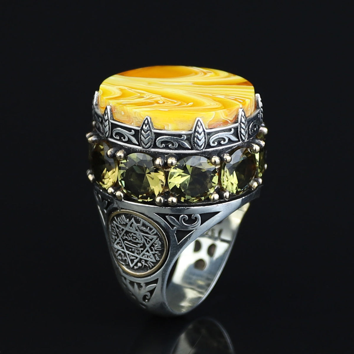 Men Handmade Large Yellow Agate Ring, Solomon Signet Large Natural Aqeeq Gemstone Ring