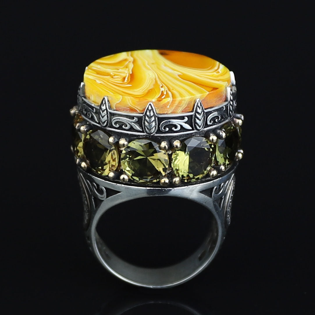 Men Handmade Large Yellow Agate Ring, Solomon Signet Large Natural Aqeeq Gemstone Ring