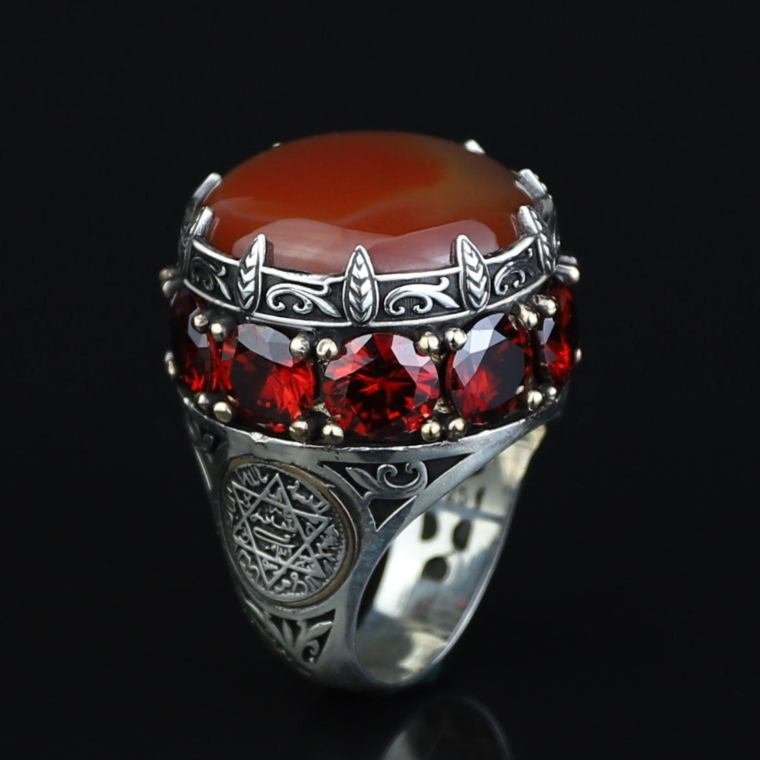 925 Sterling Silver Solomon Signet Red Agate Ring , Round Ruby And Agate Gemstone Ring