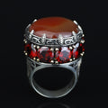 925 Sterling Silver Solomon Signet Red Agate Ring , Round Ruby And Agate Gemstone Ring