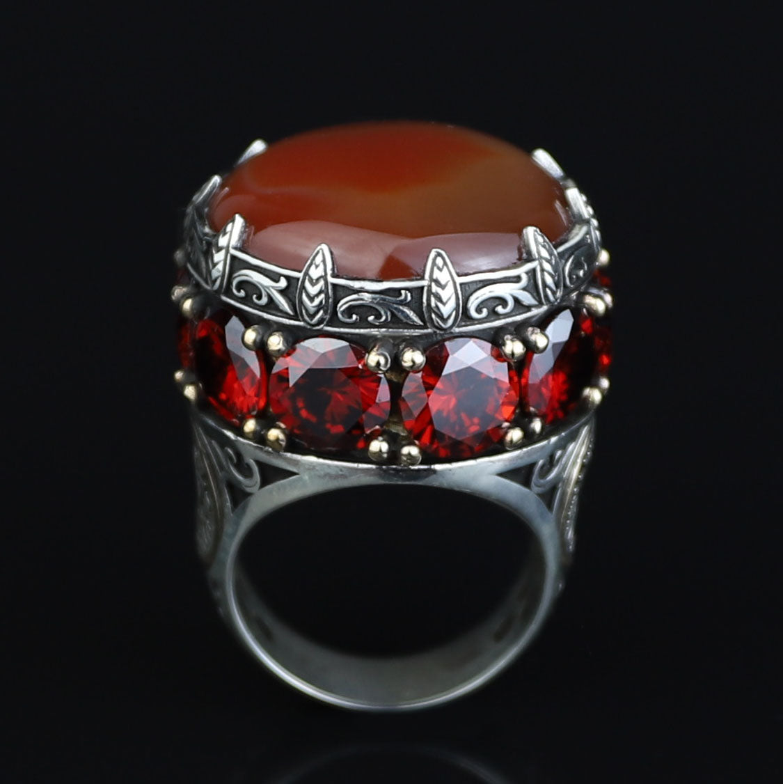925 Sterling Silver Solomon Signet Red Agate Ring , Round Ruby And Agate Gemstone Ring