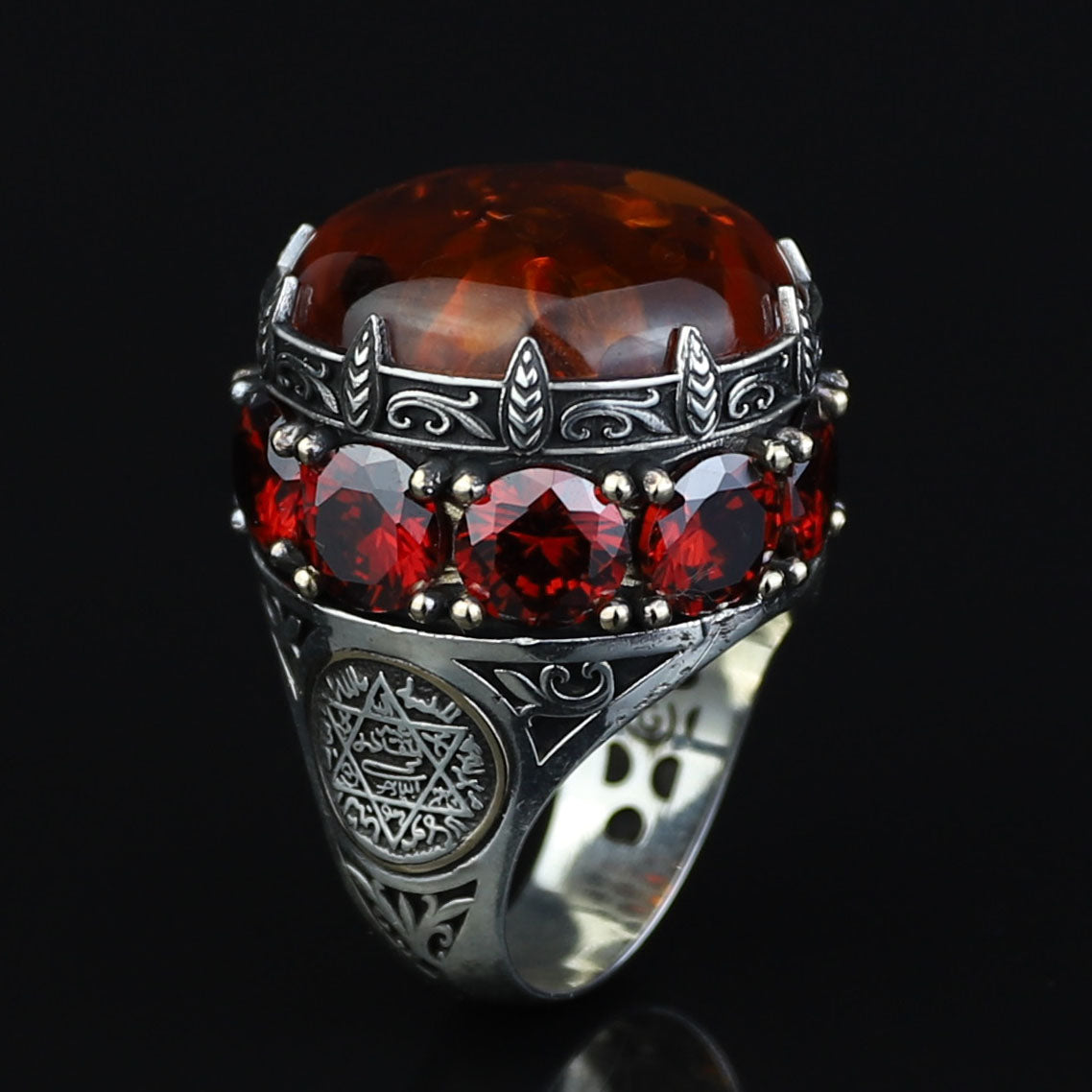 Natural Amber Stone Ring , Solomon Signet Sterling Silver Large Amber Stone Ring , Ottoman Style Silver Ring