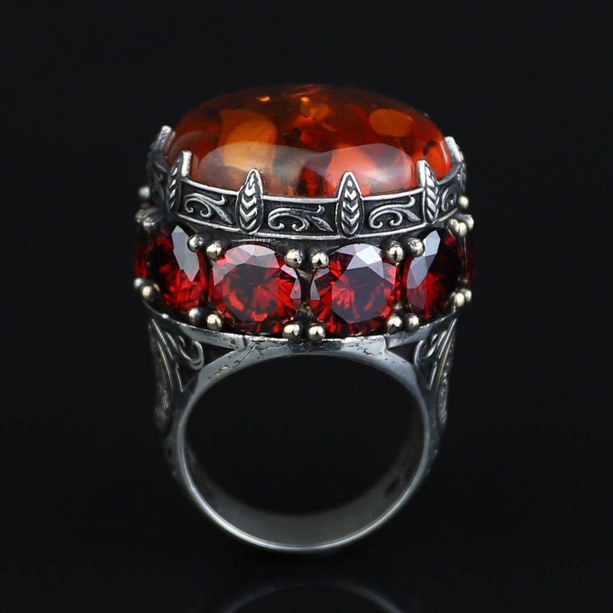 Natural Amber Stone Ring , Solomon Signet Sterling Silver Large Amber Stone Ring , Ottoman Style Silver Ring