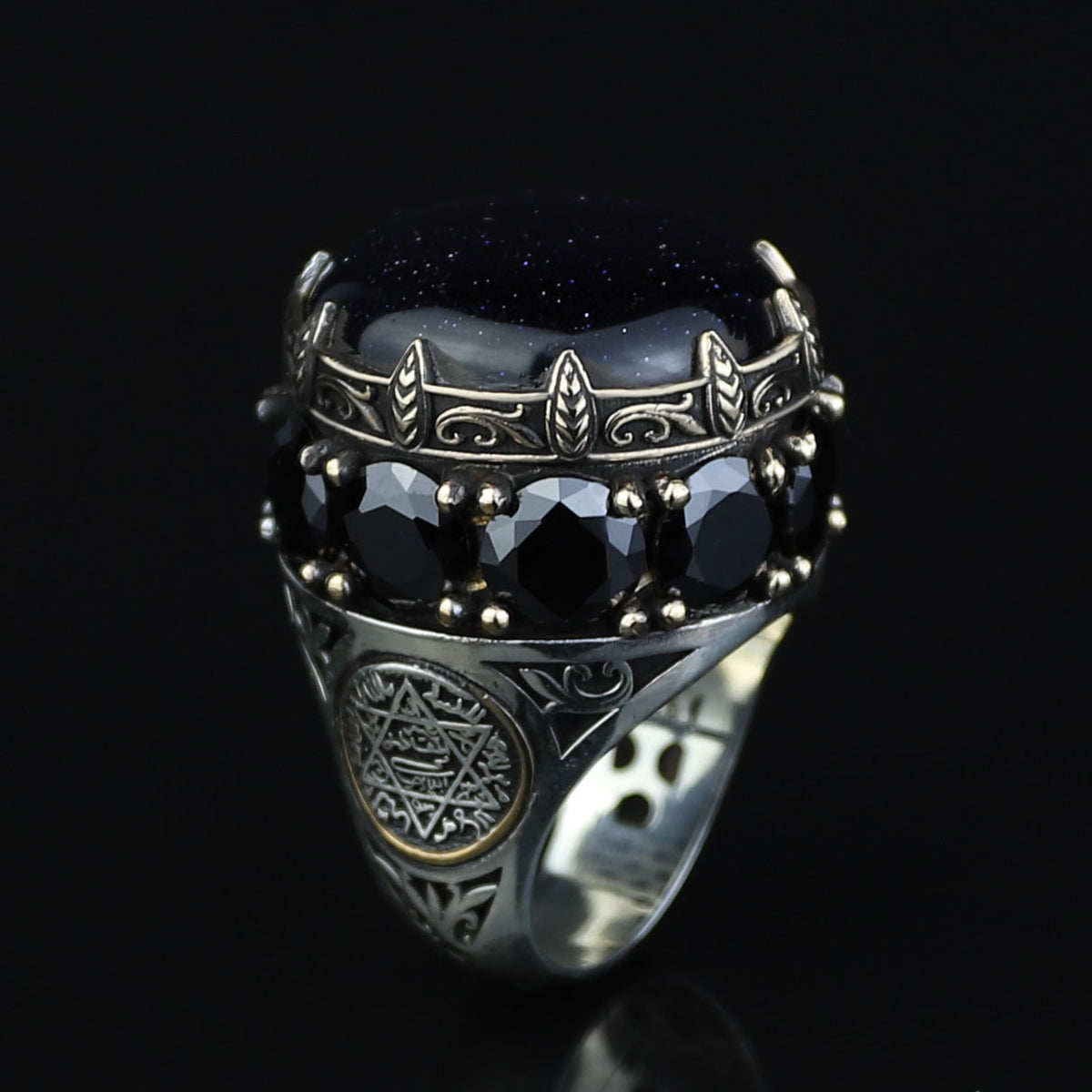 Large Star Stone Ring, Solomon Signet Men Silver Natural Large Black Star Gems Ring , Men BİG Ring, Ottoman Jewelry Ring