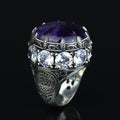 Men Silver Round Amethyst Ring, Large Moissanite And Amethyst Ring,Solomon Signet Turkish Artisan Amethyst Ring