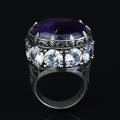 Men Silver Round Amethyst Ring, Large Moissanite And Amethyst Ring,Solomon Signet Turkish Artisan Amethyst Ring