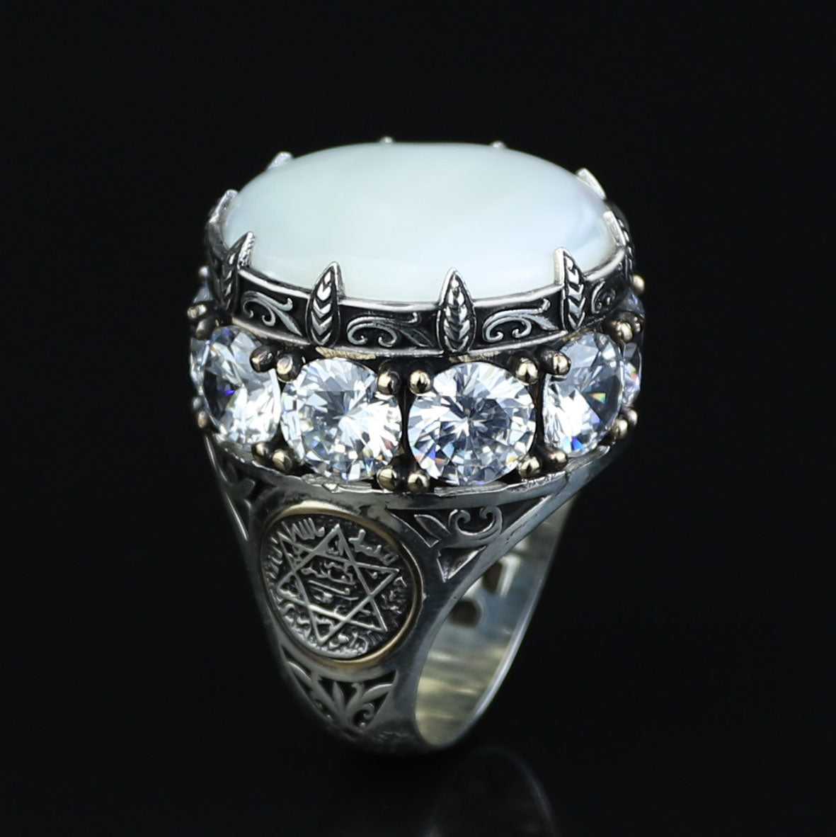 925 Silver Large Round Solomon Signet Ring, Natural Mother Of Pearl Gemstone Handmade Ring