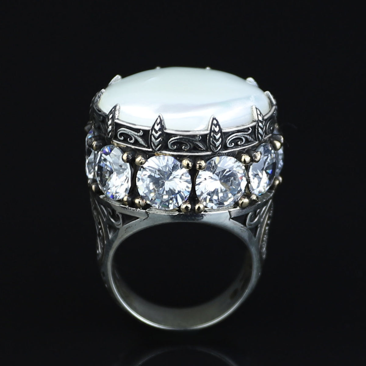 925 Silver Large Round Solomon Signet Ring, Natural Mother Of Pearl Gemstone Handmade Ring