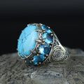 Silver Large Natural Turquoise Solomon Ring, Mens Solomon Signet Ring, Round Engraved Ring