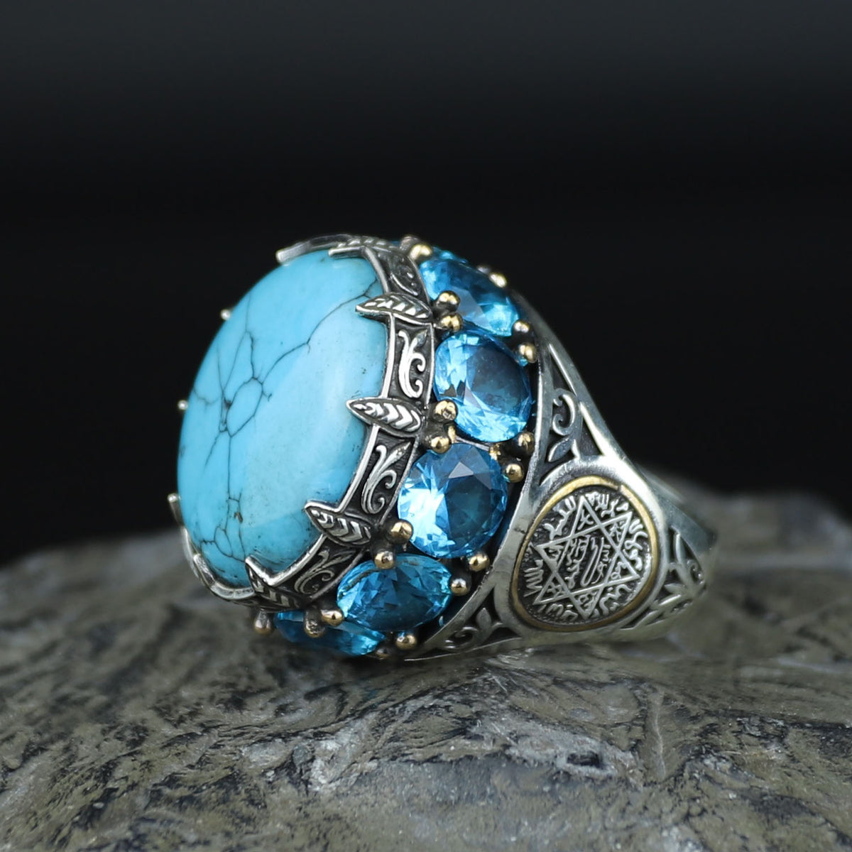 Silver Large Natural Turquoise Solomon Ring, Mens Solomon Signet Ring, Round Engraved Ring