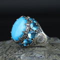 Silver Large Natural Turquoise Solomon Ring, Ottoman Style Mens Solomon Signet Ring, Round Engraved Ring