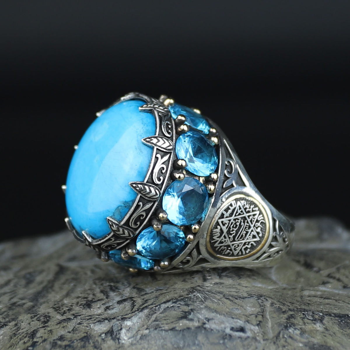Silver Large Natural Turquoise Solomon Ring, Ottoman Style Mens Solomon Signet Ring, Round Engraved Ring