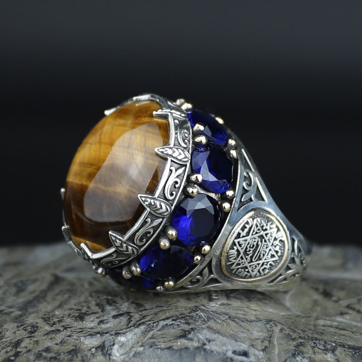 Silver Tiger Eye Large Turkish Handmade Ring Solomon Signet Ottoman Mens Ring