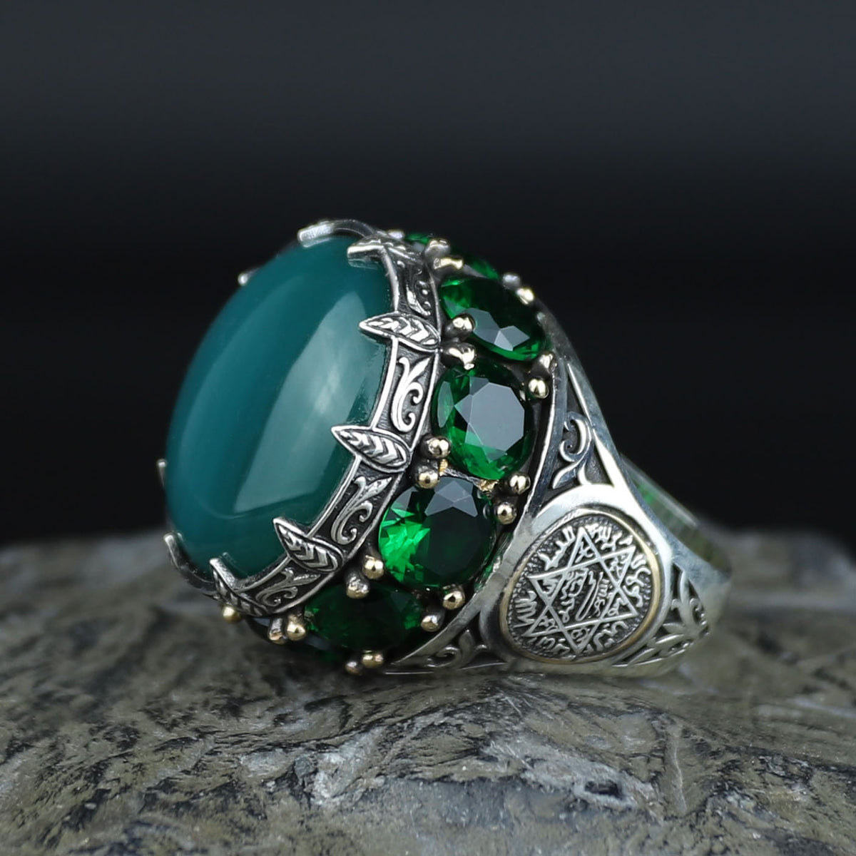 Mens Handmade Ring, Green Agate Ring, Solomon Signet Large Turkish Handmade Silver Men Ring