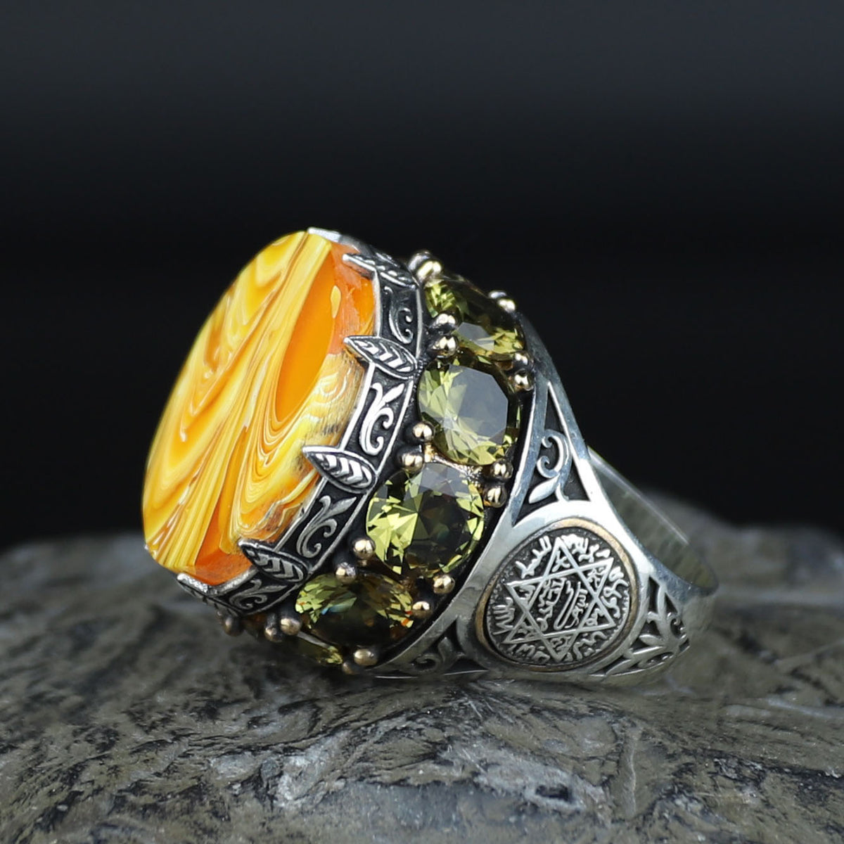 Men Handmade Large Yellow Agate Ring, Solomon Signet Large Natural Aqeeq Gemstone Ring