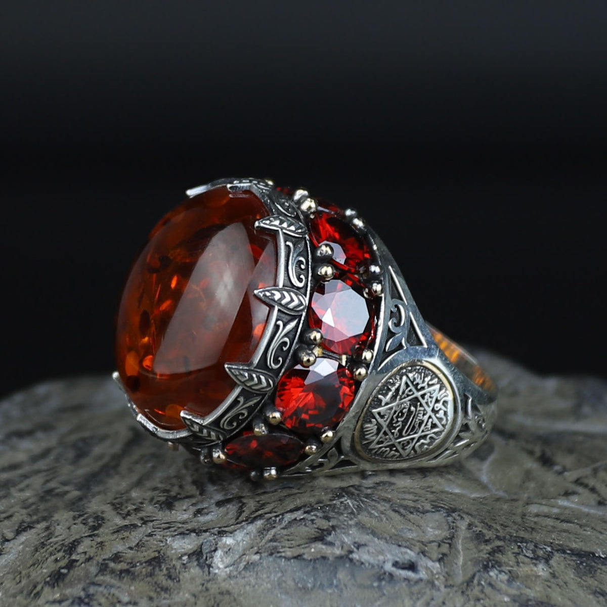 Natural Amber Stone Ring , Solomon Signet Sterling Silver Large Amber Stone Ring , Ottoman Style Silver Ring