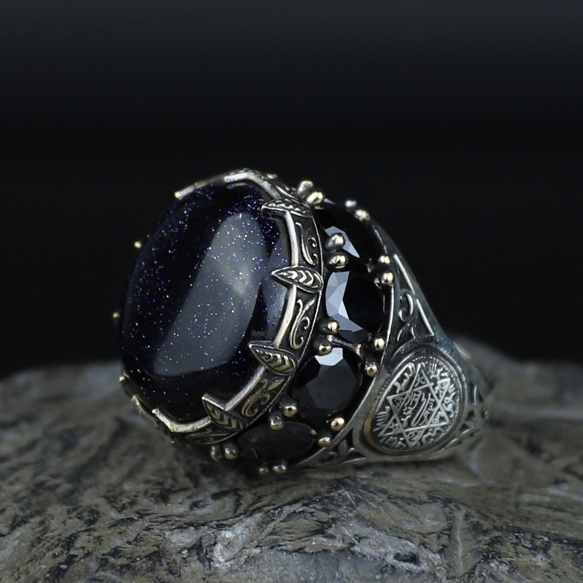Large Star Stone Ring, Solomon Signet Men Silver Natural Large Black Star Gems Ring , Men BİG Ring, Ottoman Jewelry Ring