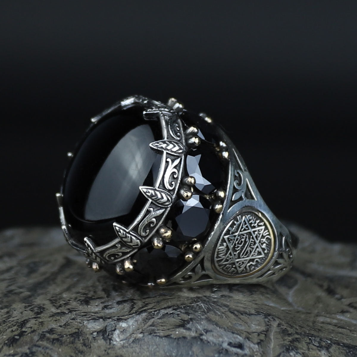 Large Onyx Ring, Solomon Men Silver Natural Large Black Onyx Ring , Men BİG Ring, Ottoman Jewelry Ring