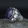 Men Silver Round Amethyst Ring, Large Moissanite And Amethyst Ring,Solomon Signet Turkish Artisan Amethyst Ring