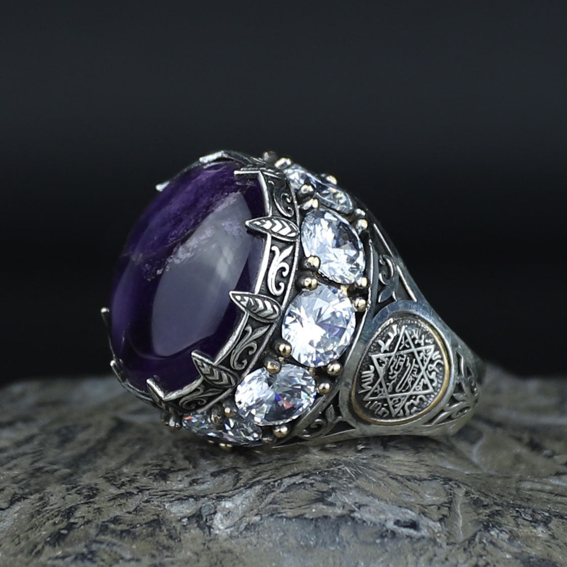 Men Silver Round Amethyst Ring, Large Moissanite And Amethyst Ring,Solomon Signet Turkish Artisan Amethyst Ring