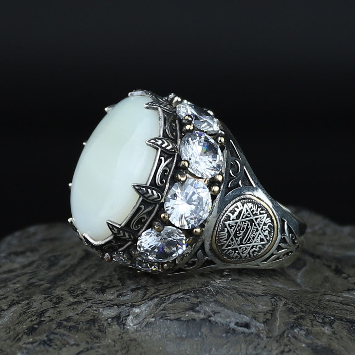 925 Silver Large Round Solomon Signet Ring, Natural Mother Of Pearl Gemstone Handmade Ring