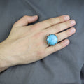 Silver Large Natural Turquoise Solomon Ring, Mens Solomon Signet Ring, Round Engraved Ring