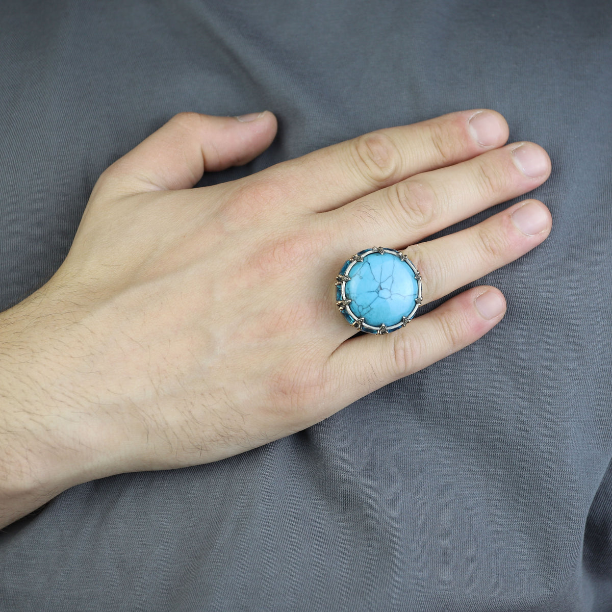 Silver Large Natural Turquoise Solomon Ring, Mens Solomon Signet Ring, Round Engraved Ring