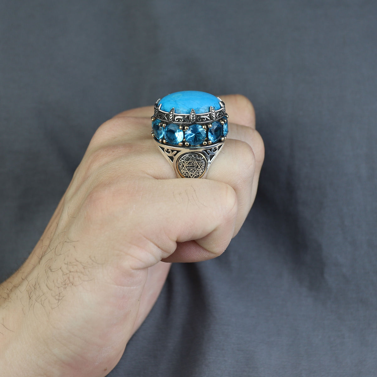 Silver Large Natural Turquoise Solomon Ring, Ottoman Style Mens Solomon Signet Ring, Round Engraved Ring
