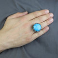 Silver Large Natural Turquoise Solomon Ring, Ottoman Style Mens Solomon Signet Ring, Round Engraved Ring