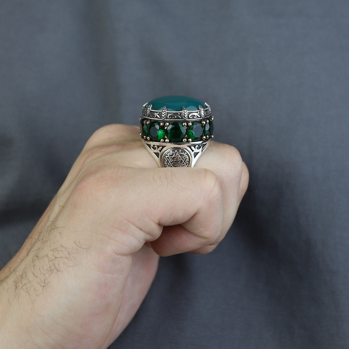 Mens Handmade Ring, Green Agate Ring, Solomon Signet Large Turkish Handmade Silver Men Ring