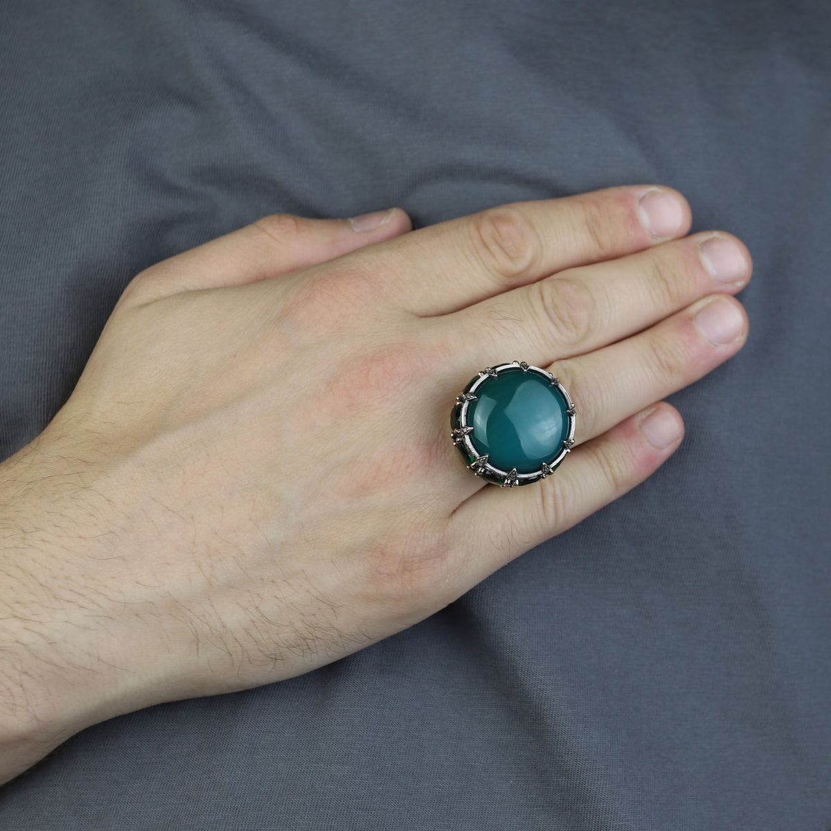 Mens Handmade Ring, Green Agate Ring, Solomon Signet Large Turkish Handmade Silver Men Ring