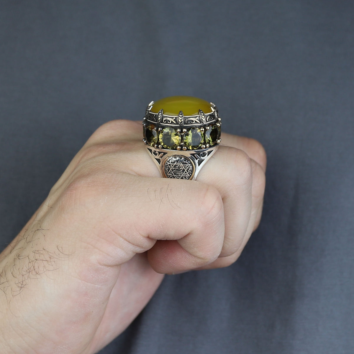 Men Handmade Ring, Yellow Agate 925 Silver Ring, Large Solomon Aqeeq Gemstone Ring , Genuine Yellow Agate Men Vintage Ring