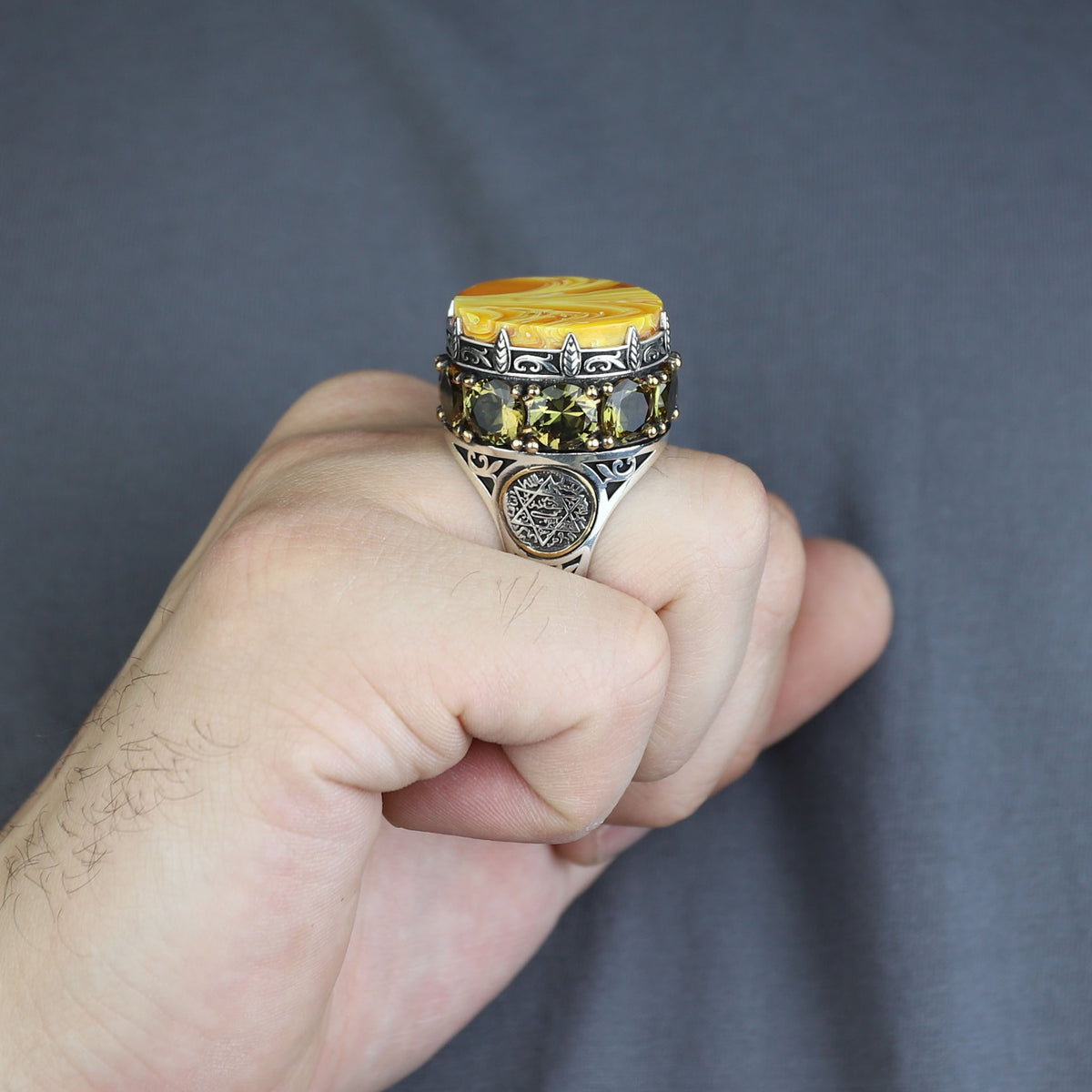 Men Handmade Large Yellow Agate Ring, Solomon Signet Large Natural Aqeeq Gemstone Ring