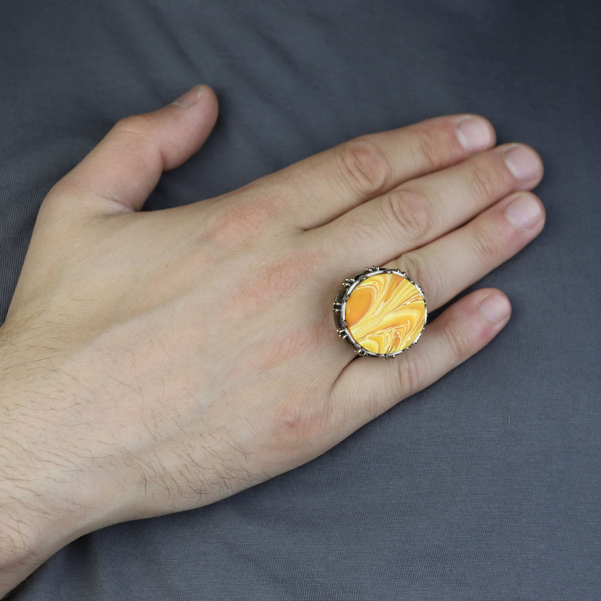 Men Handmade Large Yellow Agate Ring, Solomon Signet Large Natural Aqeeq Gemstone Ring